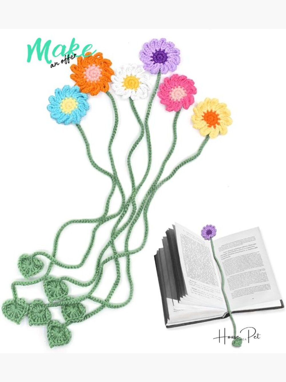 6 Crochet Bookmarks Handmade Daisy Flowers Book Lovers Teacher Gift Bag Charm